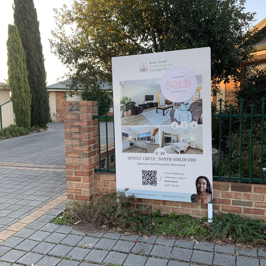 Gentle Circle, South Guildford Sold Sign, Sign with a sold sticker by Guildford Real Estate Agent Rume Gould