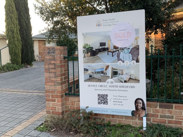 Gentle Circle, South Guildford Sold Sign, Sign with a sold sticker by Guildford Real Estate Agent Rume Gould